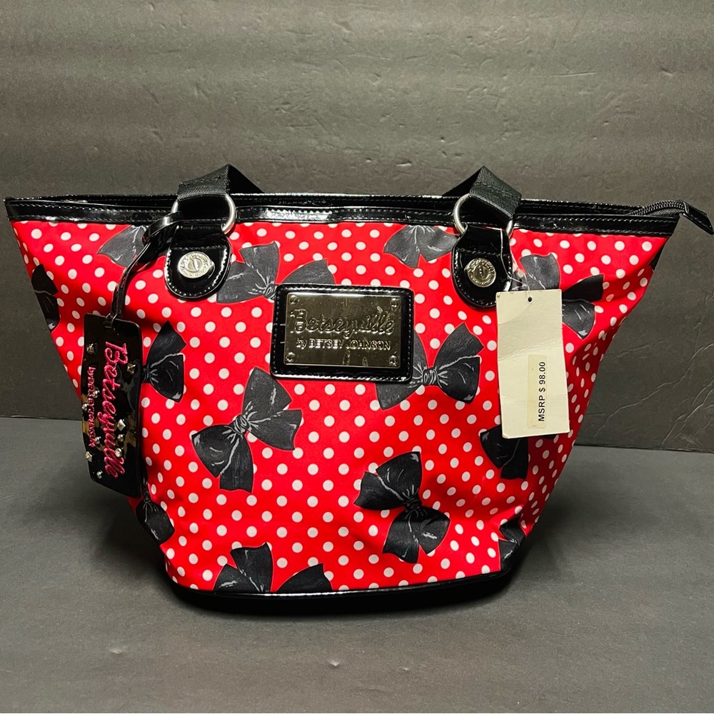 Betsey Johnson Red Polka Dot Tote with Black Bow Accents